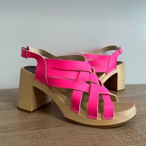 RARE Swedish Hasbeens Vivi Neon Pink Sandals Vacation Chunky Heel Wooden US 7.5